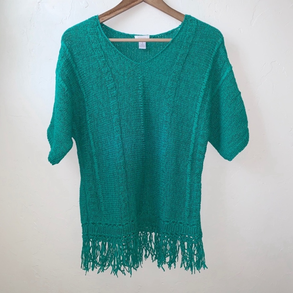 Chico’s fringe short sleeve green sweater M
